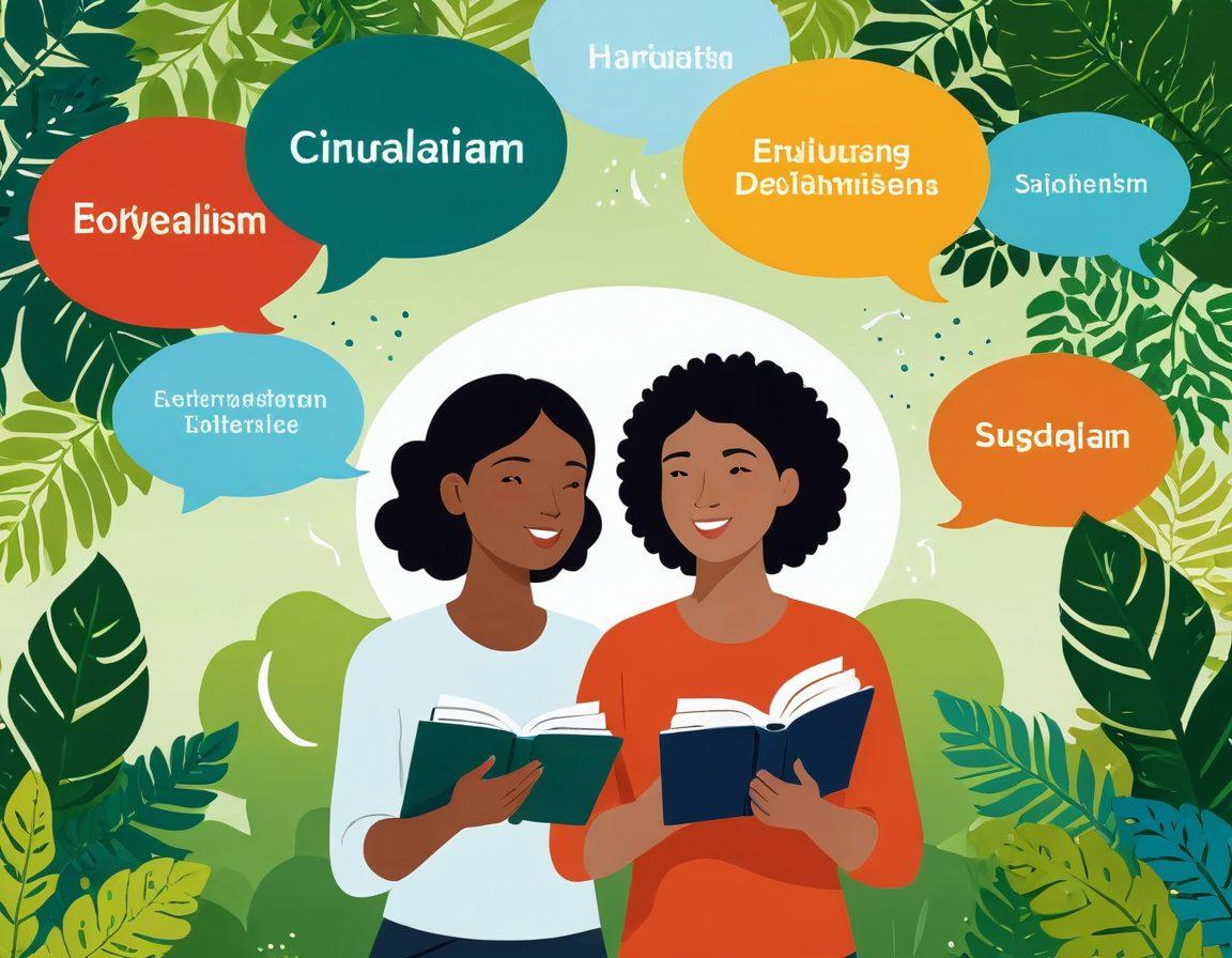 A serene scene depicting a person with two books in hand, each representing different languages, surrounded by colorful speech bubbles and words floating in the air. In the background, a diverse group of people from different cultures conversing, showcasing the beauty of bilingualism. Soft sunlight filtering through leaves, symbolizing growth and development. artistic illustration. vibrant colors. super-realistic.