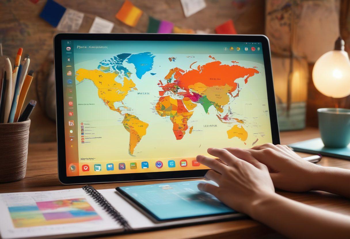 A collection of diverse language tools, such as books, tablets, and notebooks, arranged on a colorful desk. Include a world map and language flags in the background, symbolizing global communication. Bright and inviting atmosphere with warm lighting, showcasing a person's hands engaging with a digital tablet displaying language tutorials. super-realistic. vibrant colors. soft focus.